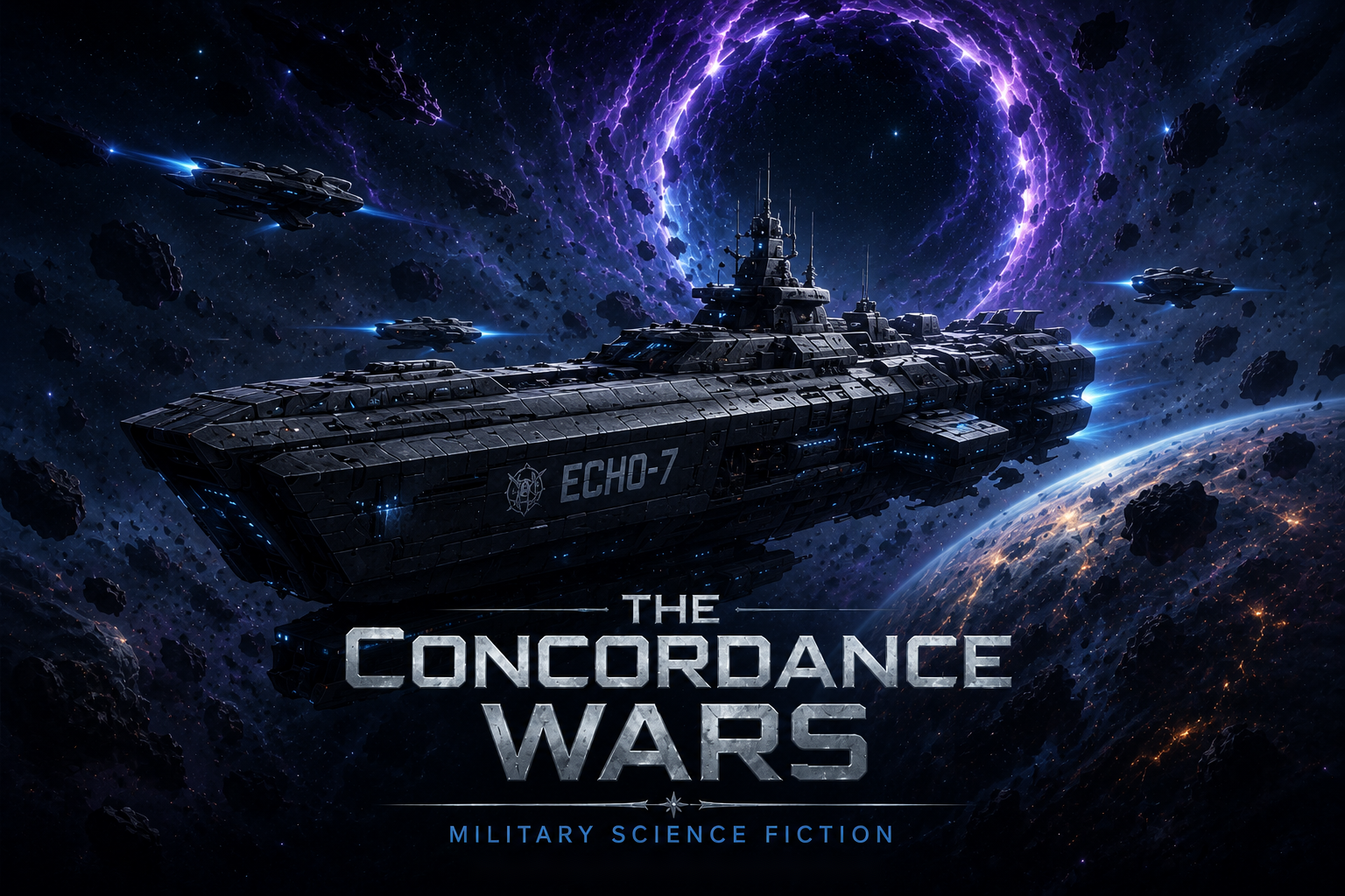 Military science fiction artwork for The Concordance Wars, showing a warship near a violet space rift.