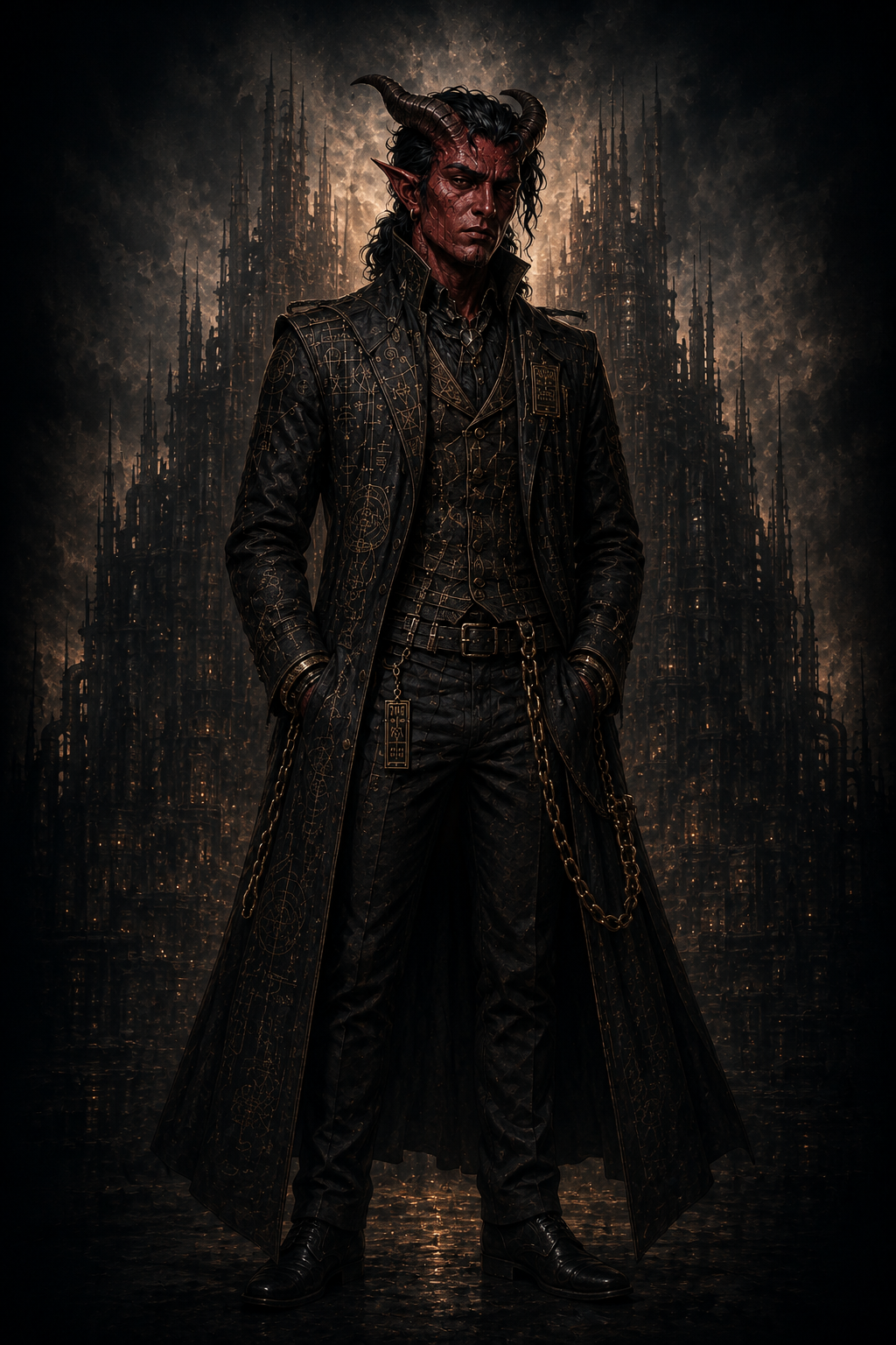 Wayne, a horned tiefling administrator and soul-bound companion from the Chains of Heaven series.