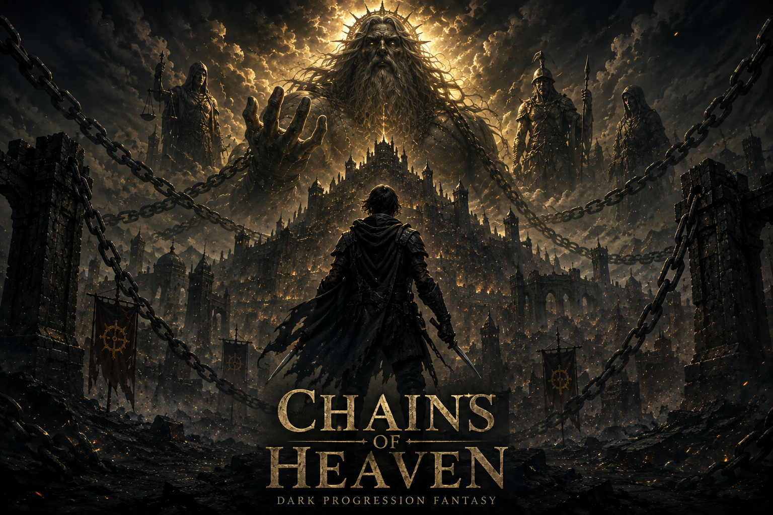Dark fantasy artwork showing a lone warrior facing a giant celestial figure with a beard, surrounded by clouds and smaller statues of armored figures. The scene is set against a dark, ruined landscape with a large castle in the background, with the text 'Chains of Heaven' and 'Dark Progression Fantasy' at the bottom.