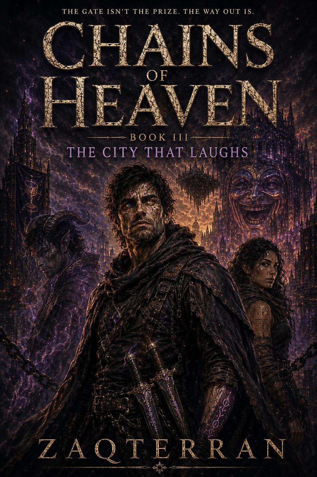 A dark fantasy book cover for 'Chains of Heaven,' Book III, 'The City That Laughs,' by Zaquerran. Features three characters in dark, worn clothing with a cityscape in the background showing a large smiling face sculpture and gothic buildings, with a purple and golden color theme.