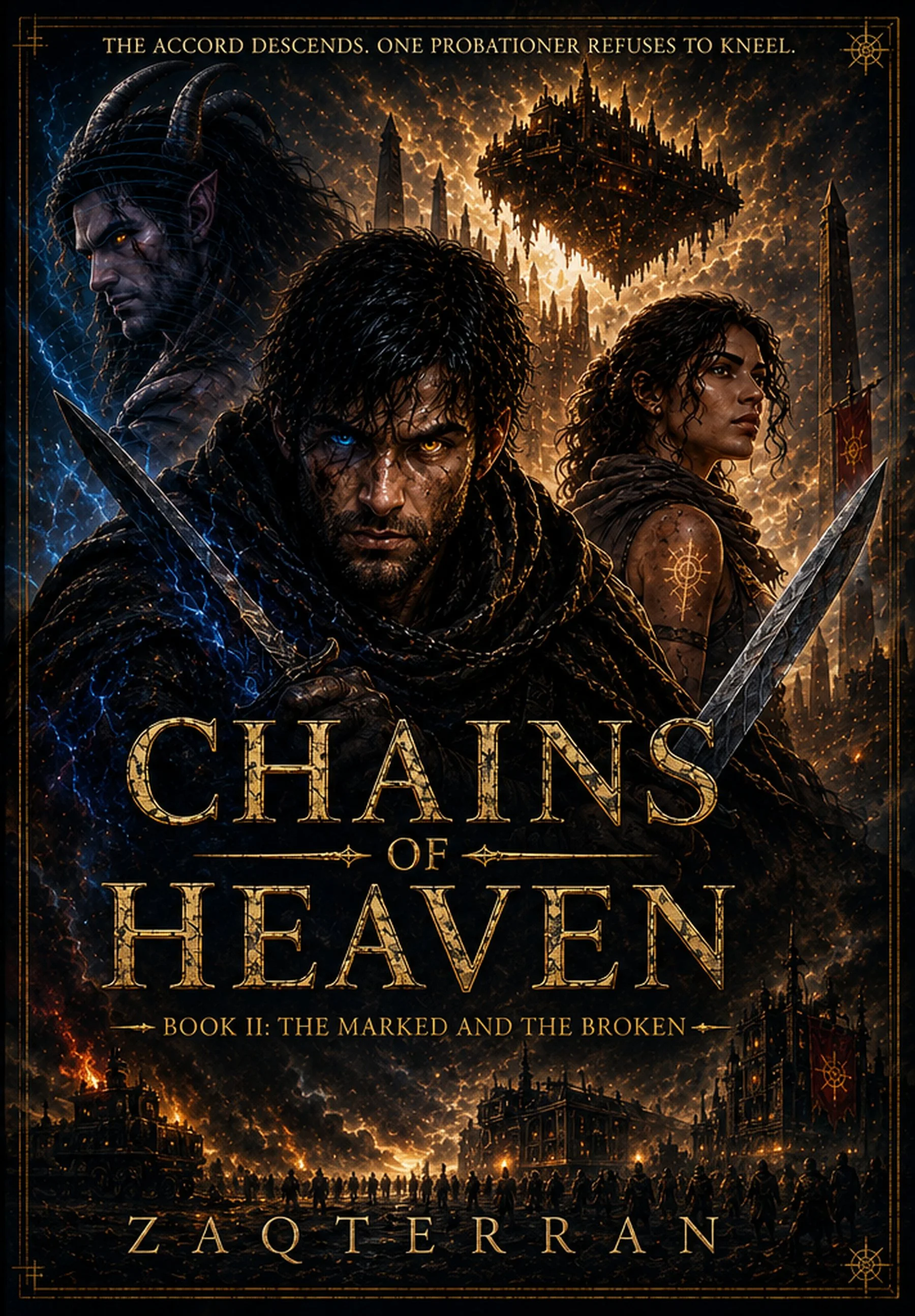 Book cover for 'Chains of Heaven' by Zaoterran. Features three characters with intense expressions, a floating castle in a fiery sky, and a battlefield below with soldiers and structures amid chaos and flames.