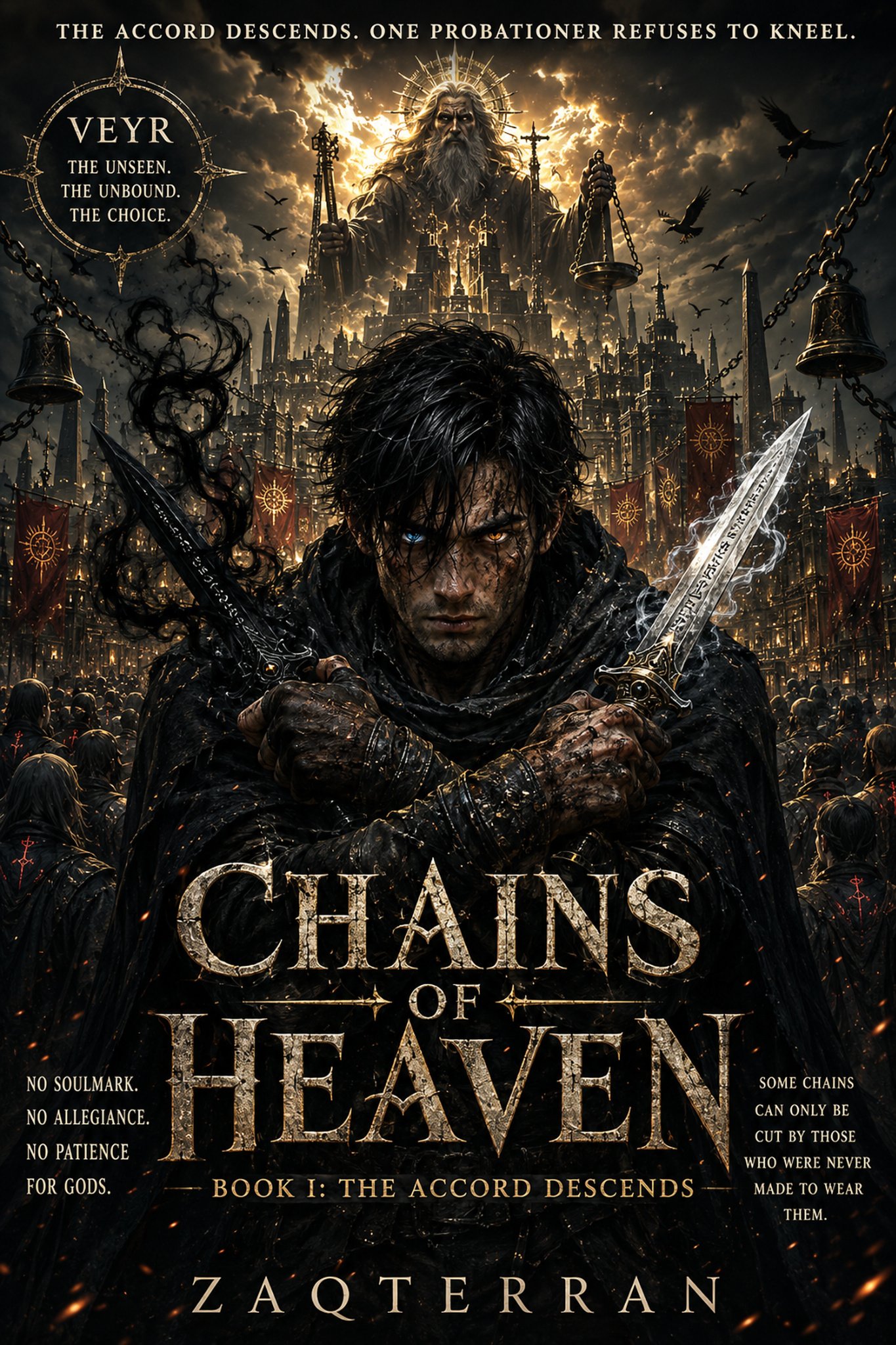 Dark fantasy book cover titled "Chains of Heaven" by ZaQtERRan. Features a mysterious figure with two swords, one with glowing runes, in front of a burning city with a giant figure above, holding scales. The top has a quote: "The accord descends. One probationer refuses to kneel."