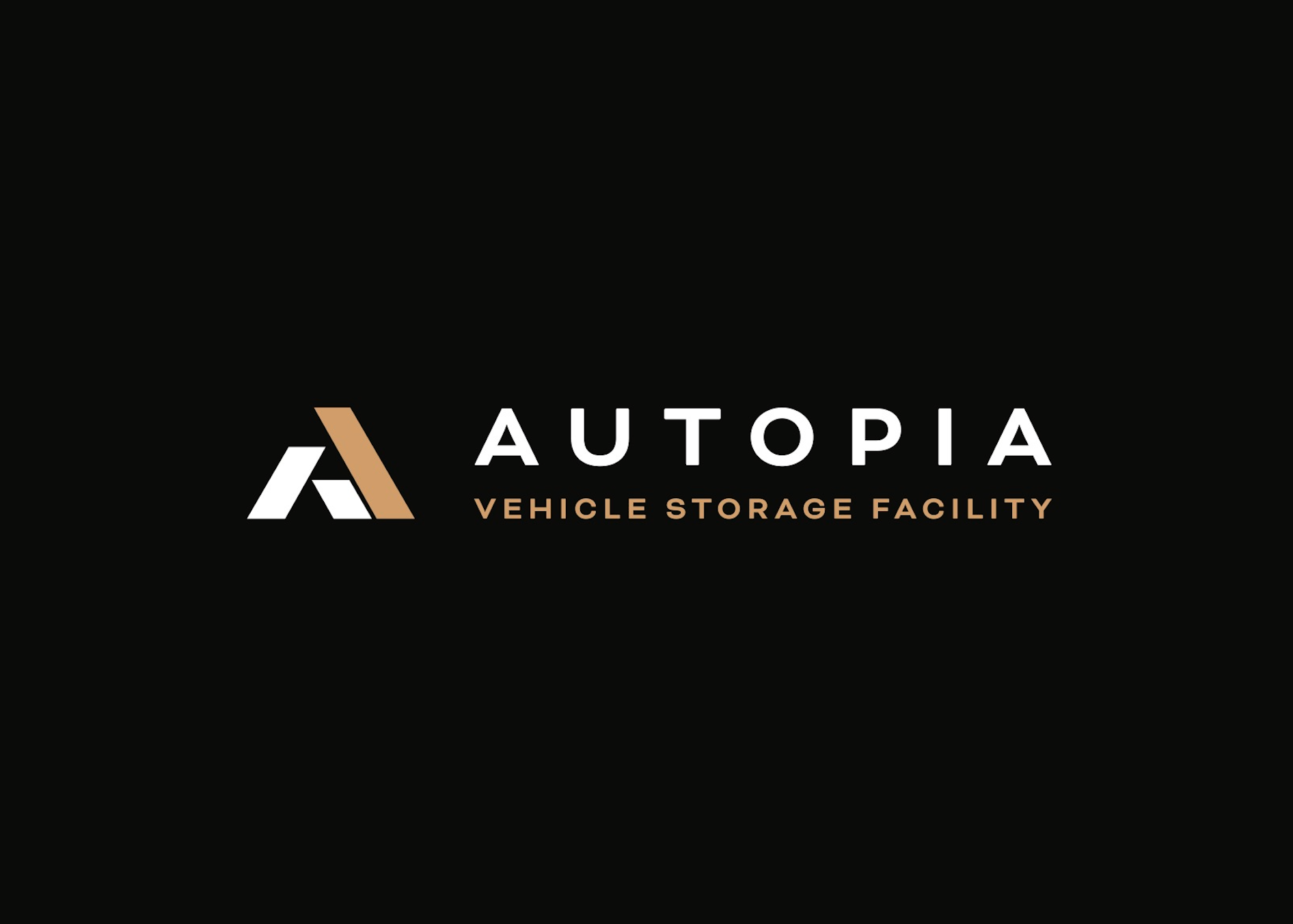 Black background with a logo for Autopia Vehicle Storage Facility, featuring a stylized letter A and the text 'Autopia' and 'Vehicle Storage Facility'.