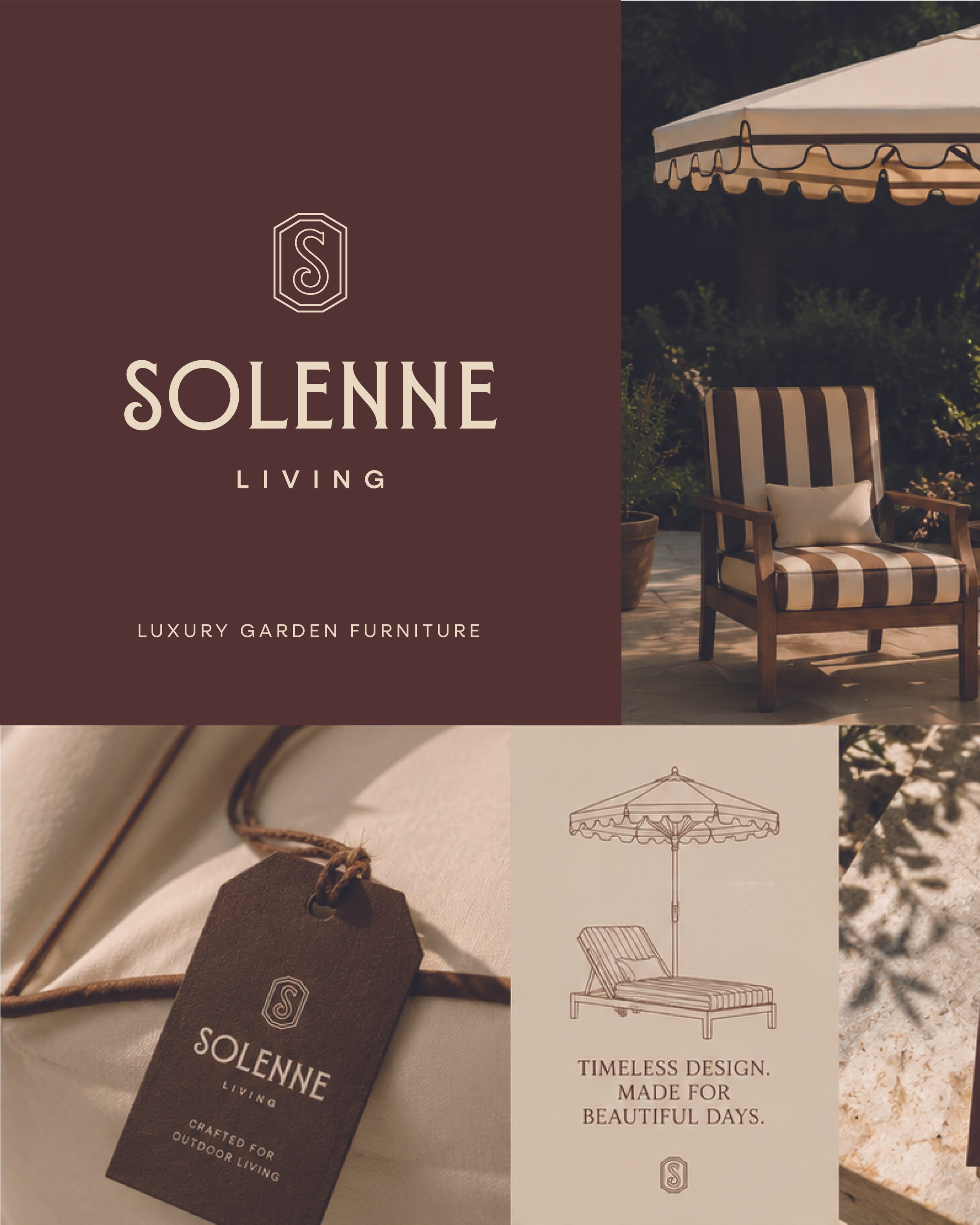 Promotion for Solenne Living, a luxury garden furniture brand, featuring a striped outdoor chair and a large patio umbrella, with emphasis on timeless design for beautiful days.