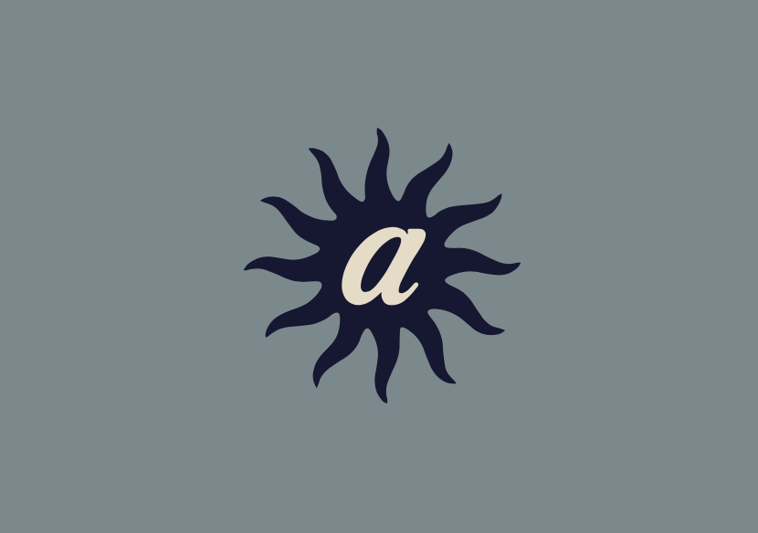 A stylized sun with wavy rays and a lowercase letter 'a' in the center, on a muted grayish-blue background.