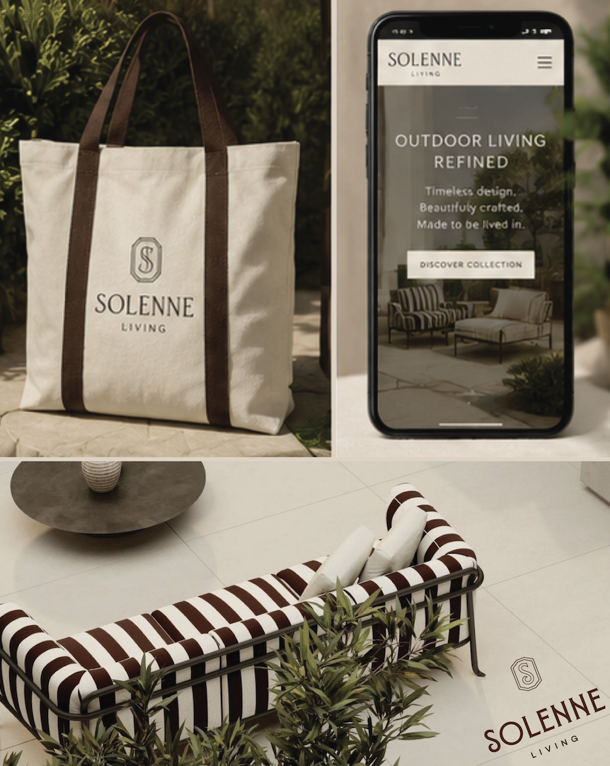 A tote bag and a smartphone displaying the Solenne Living website, along with a striped outdoor sofa and a side table in a patio setting.