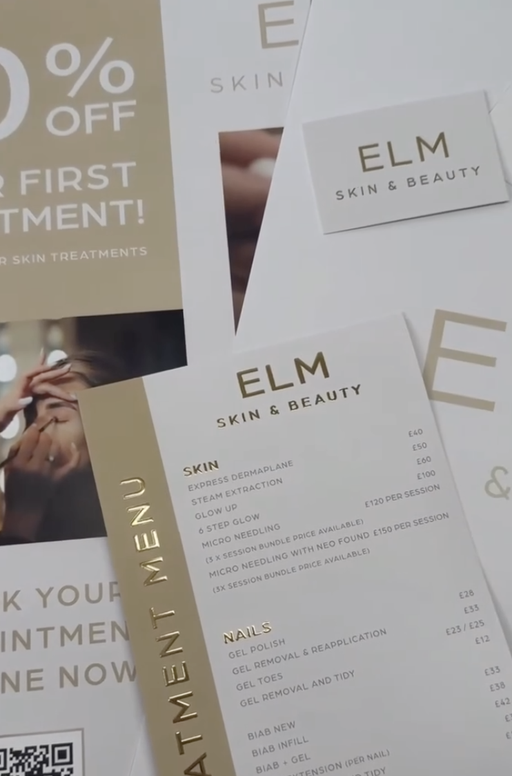 Flyer for ELM Skin & Beauty offering skincare treatments. Deals include discounts on dermaplane, steam extraction, glow treatments, microneedling, and nail services, with prices listed for each service.