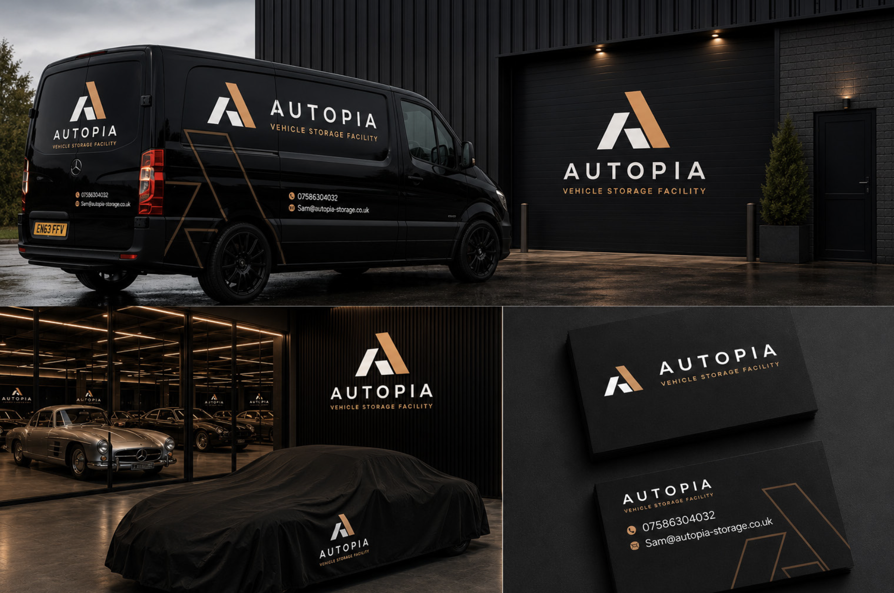 Images of Autopia Vehicle Storage Facility branding and vehicles, including a black van with branding on the side and rear, classic luxury cars inside a showroom, and branded business cards and signage, all emphasizing vehicle storage services.