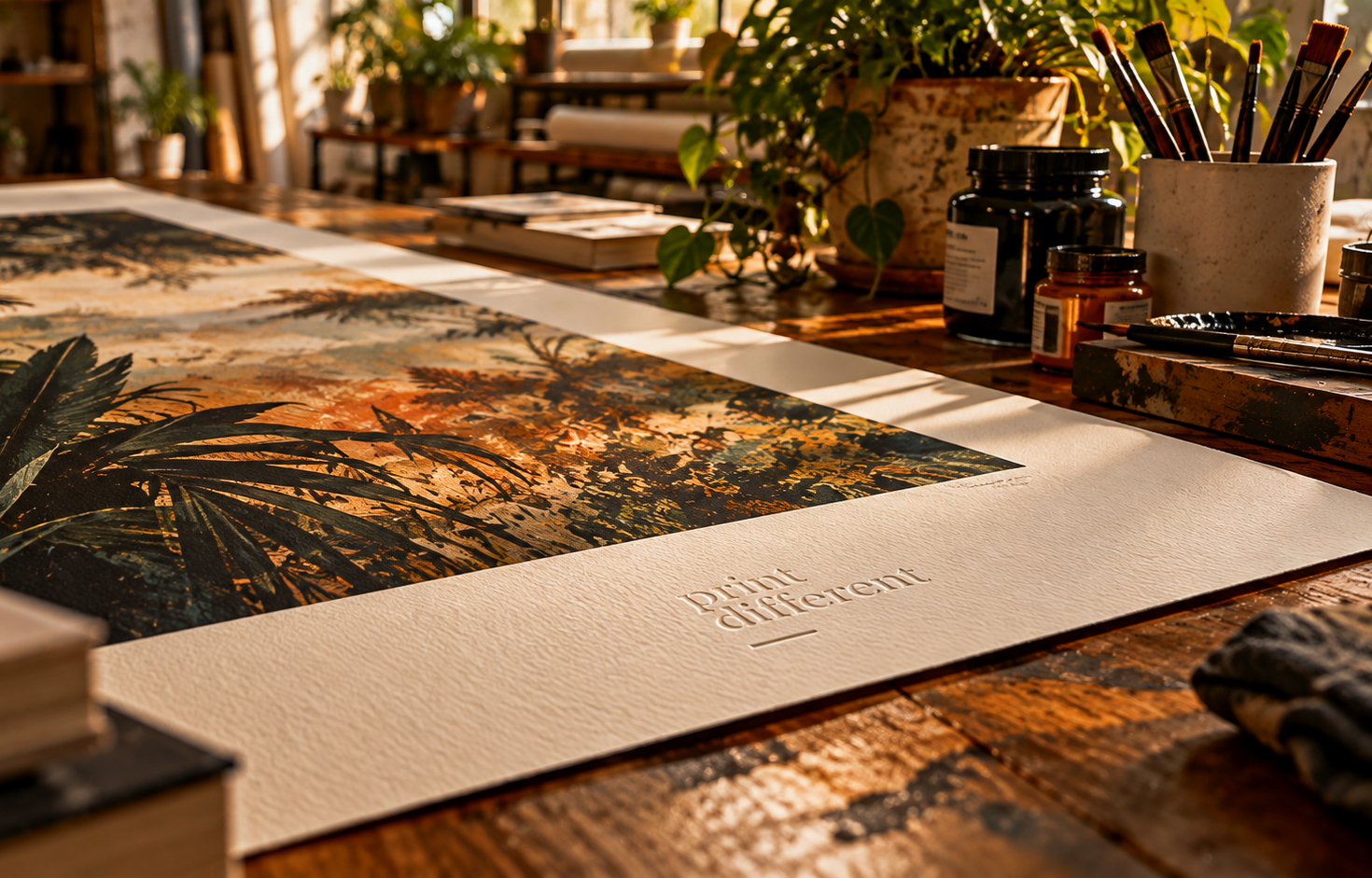 Artist's workspace with a painting of a forest scene, art supplies including jars of paint, brushes, and notebooks on a wooden table illuminated by natural sunlight.