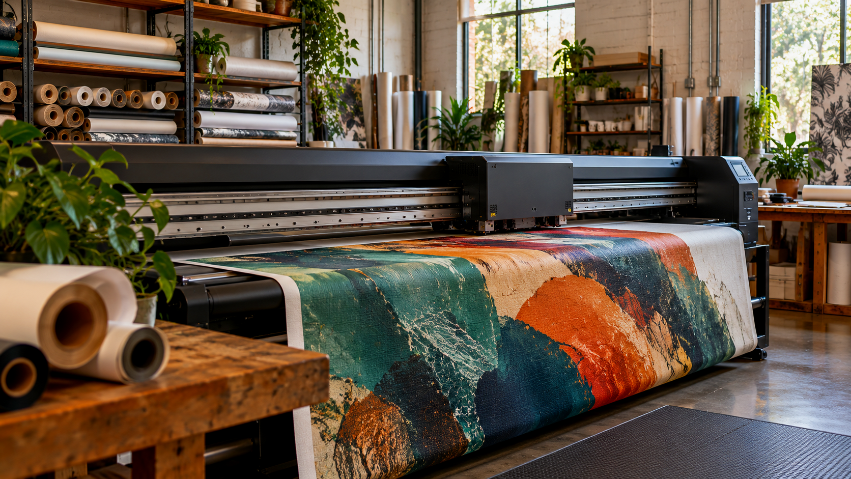 A large-format printer producing a colorful mountain landscape on fabric in an art studio. Shelves with rolls of fabric, plants, and workspace equipment are in the background.