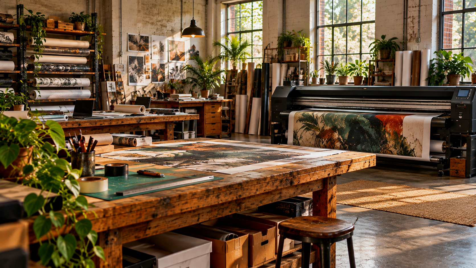 A spacious art studio with large windows, wooden tables, digital printing equipment, and numerous plants. The studio features artwork on the walls and various supplies organized on shelves and tables.