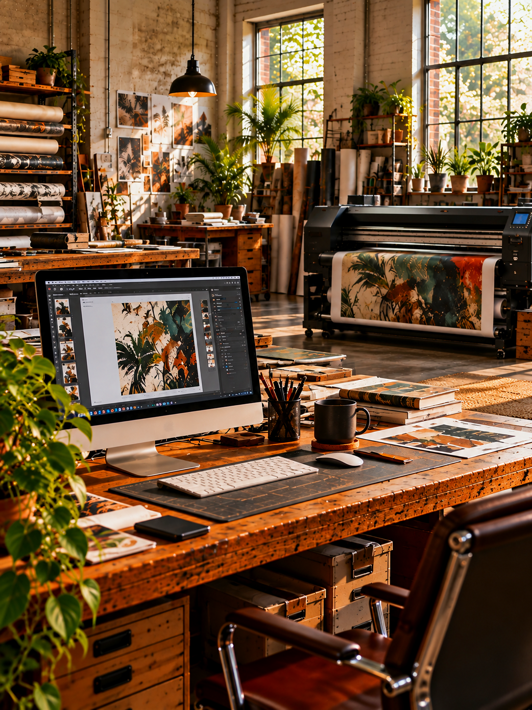 A creative workspace with a computer displaying tropical artwork, art supplies, a large printing machine with tropical print, shelves with art materials, and natural sunlight coming through large windows, decorated with numerous plants.