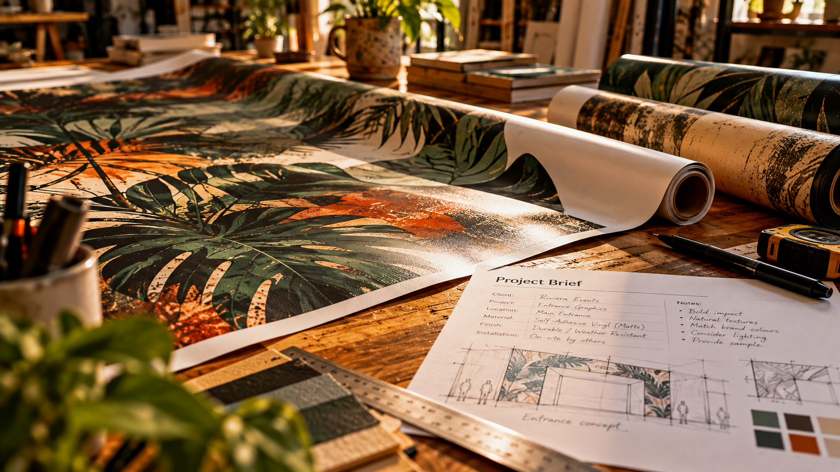 A workspace with botanical-themed wallpaper prints partially unrolled on a wooden table, a project brief with sketches and notes, and various art supplies nearby.