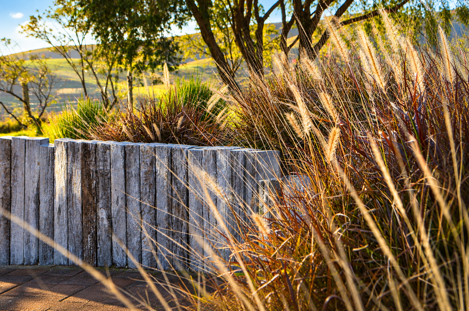 Stone and timber garden wall designed and built by Soul Garden Studio with naturalistic planting