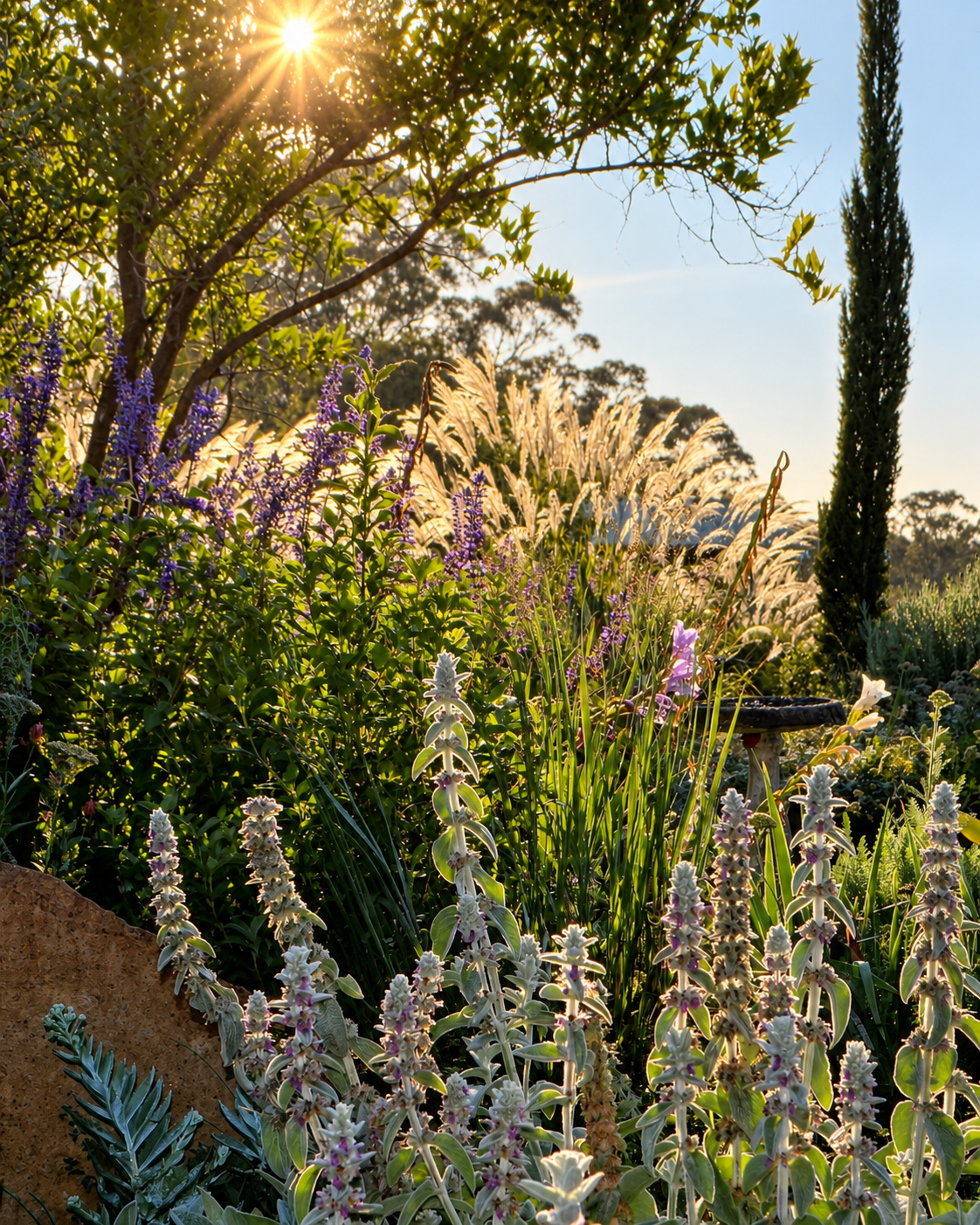 Layered naturalistic garden with flowering perennials and ornamental grasses