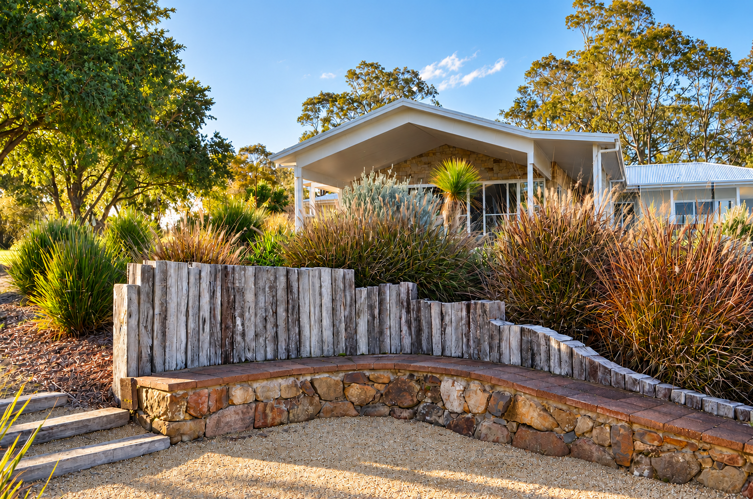 Hand-built stone and timber garden wall by Flo at Soul Garden Studio