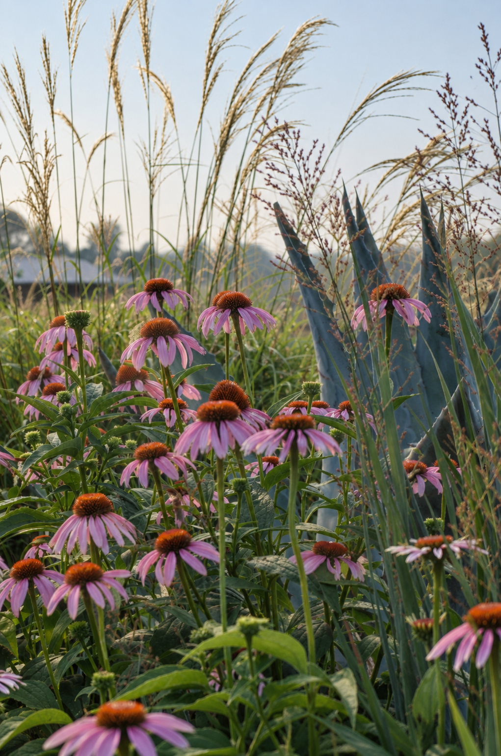 Pink flowering perennials woven through ornamental grasses