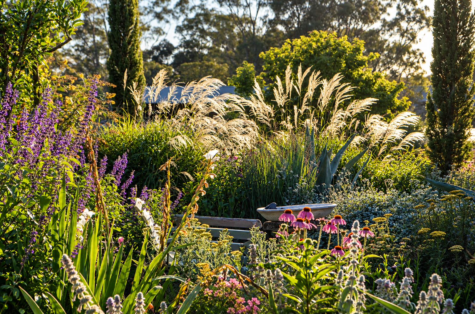 A lush garden scene with various flowering plants illuminated by warm sunlight, including purple, white, and pink flowers, and tall green grasses, with trees and foliage in the background.