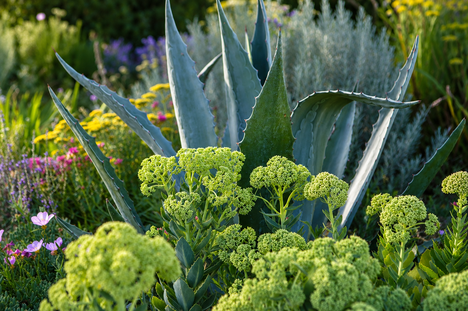 Close-up of a blue-green agave plant with spiky leaves, surrounded by green succulents and small purple and pink flowers in a garden