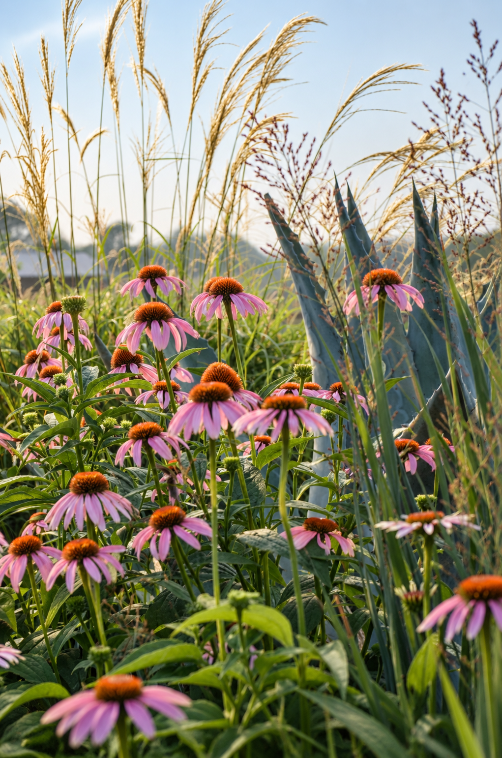 Naturalistic garden planting with pink flowers, ornamental grasses and succulents