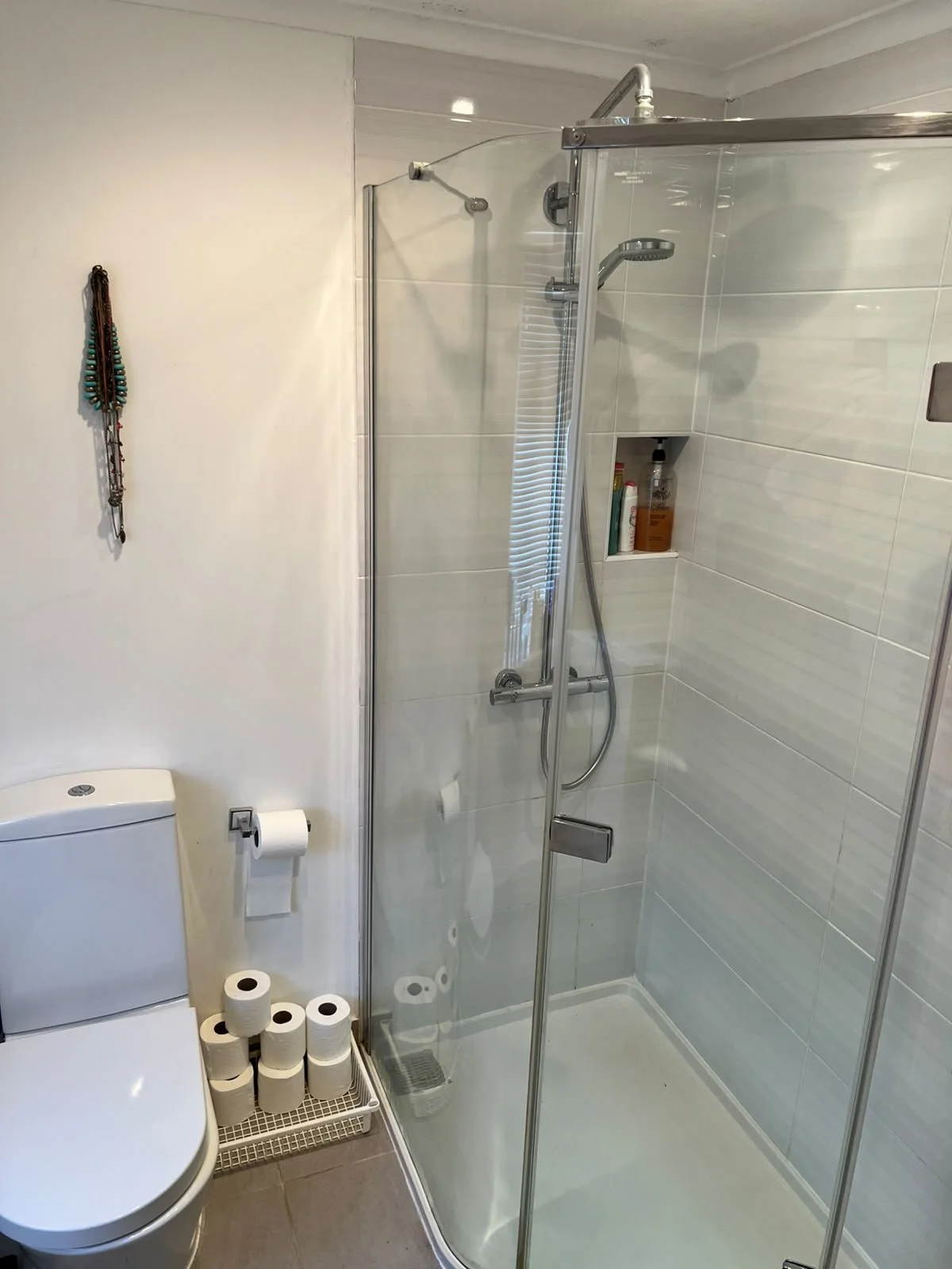 A bathroom showing a toilet, an upright holder with multiple toilet paper rolls, and a glass-enclosed shower with toiletries inside.