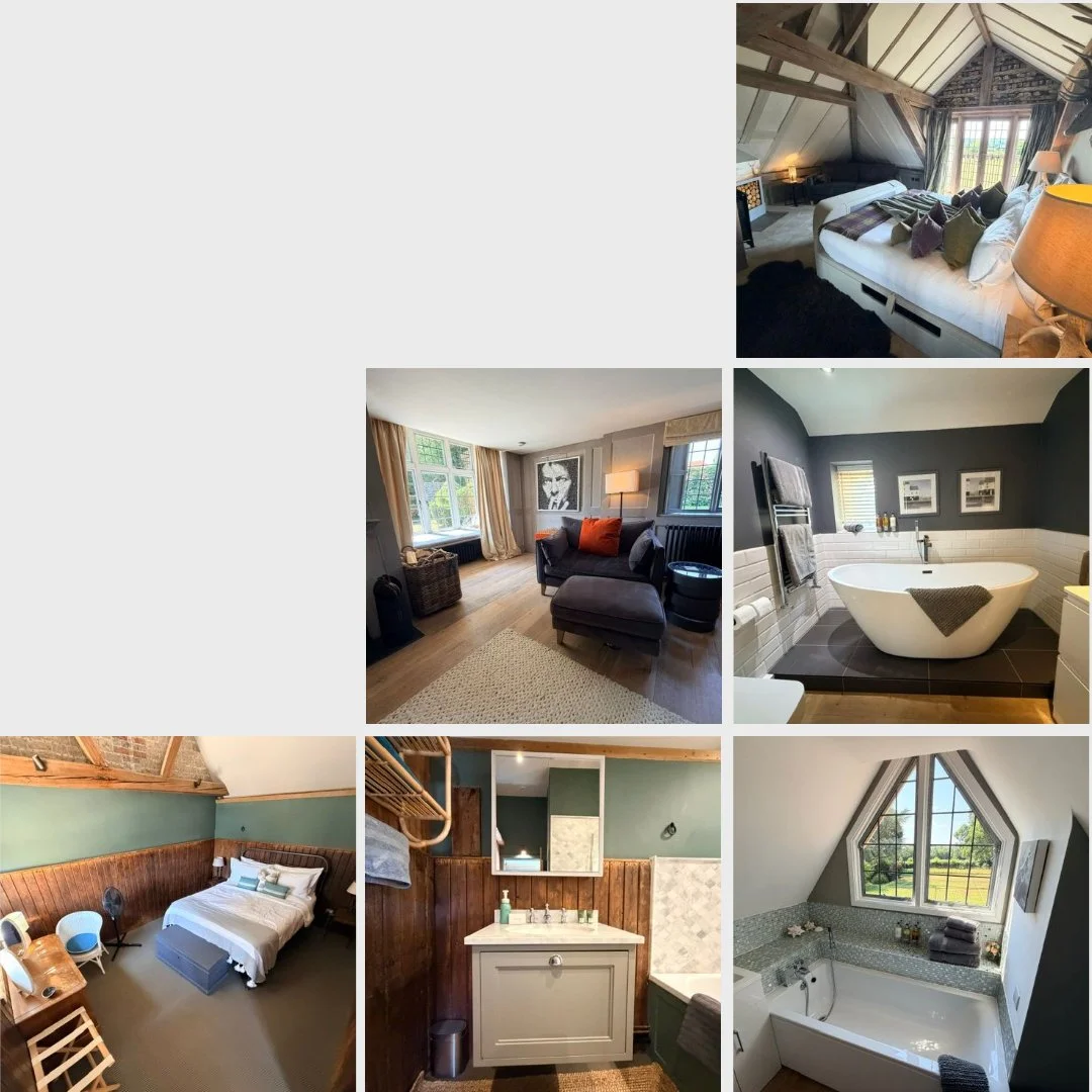 Collage of six pictures showing various rooms in a house, including bedrooms and bathrooms with contemporary and rustic décor.