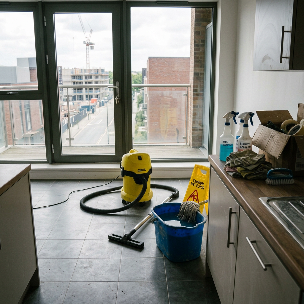 View of a balcony with cleaning supplies inside a kitchen, including a yellow vacuum cleaner, a mop, a bucket, spray bottles, and a caution sign, with high-rise buildings and a crane visible through glass doors.