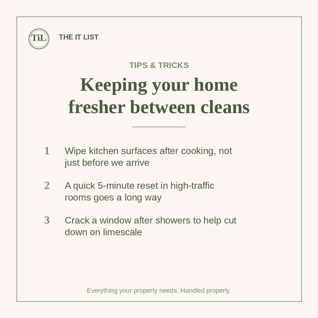 A few small habits that help keep things fresh between our visits &mdash; nothing that should add to your to-do list, just quick wins.

#CleaningTips #MidhurstCleaning #HomeCareSussex #TheItList #TidyHomeHacks