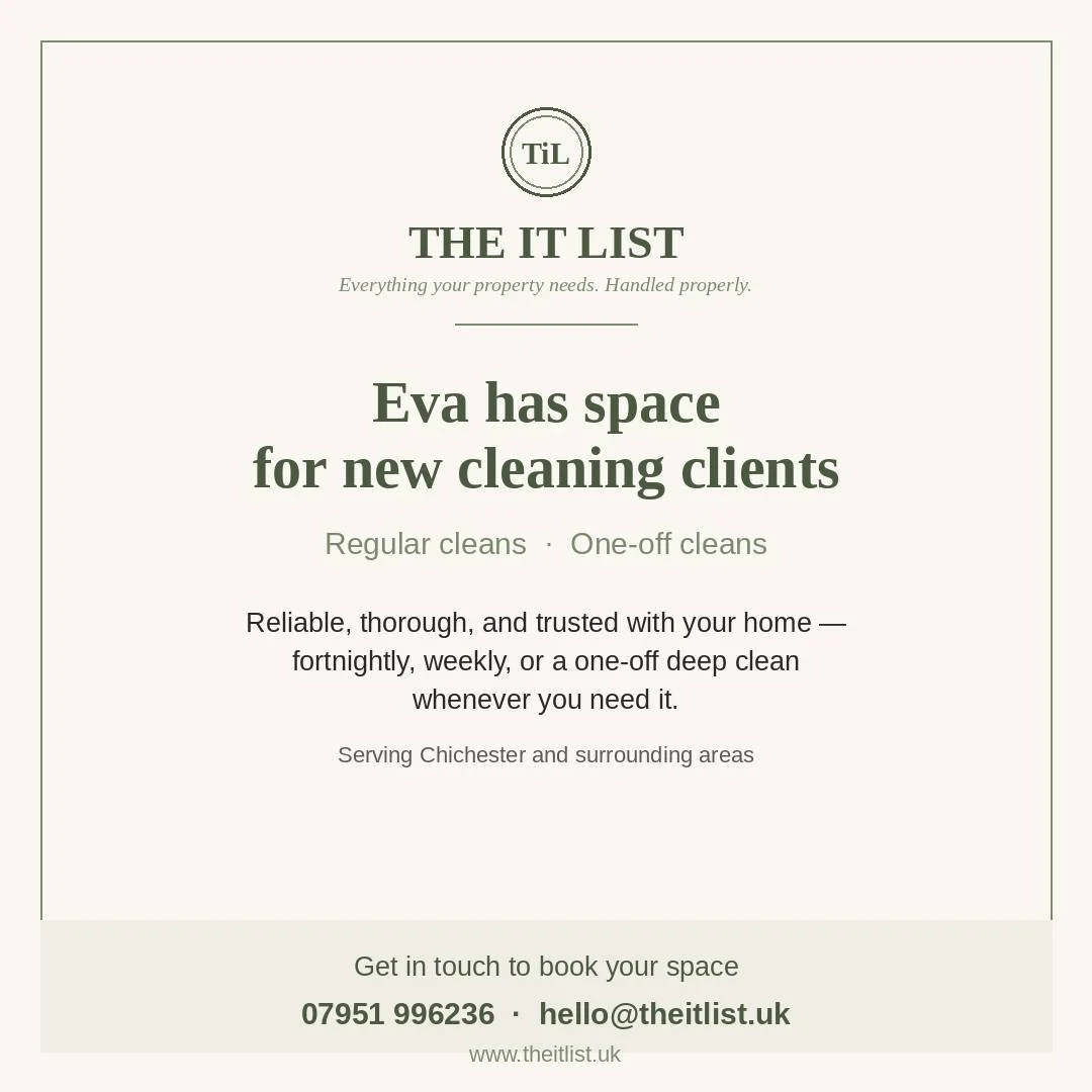 Our cleaner Eva has some space opening up for new clients in Chichester &mdash; regular cleans (weekly or fortnightly) or a one-off. Give us a call or drop an email if you'd like to find out more: 07951 996236 / hello@theitlist.uk

#TheItList #Chiche