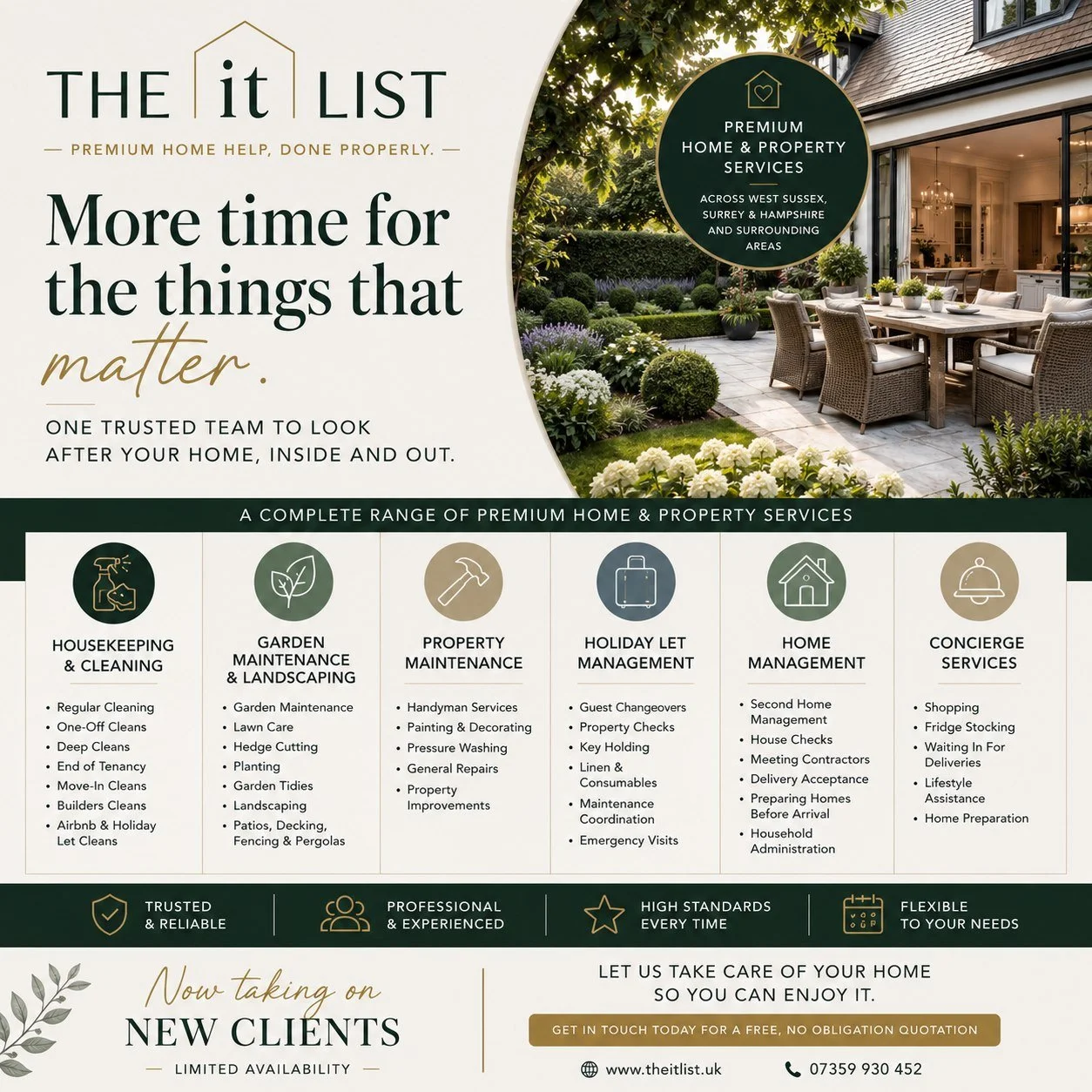 Looking after a home takes time.

Keeping on top of the cleaning. Maintaining the garden. Organising repairs. Preparing a holiday let for guests. Meeting contractors. The list never really ends.

That's exactly why we created The It List.

We're not 