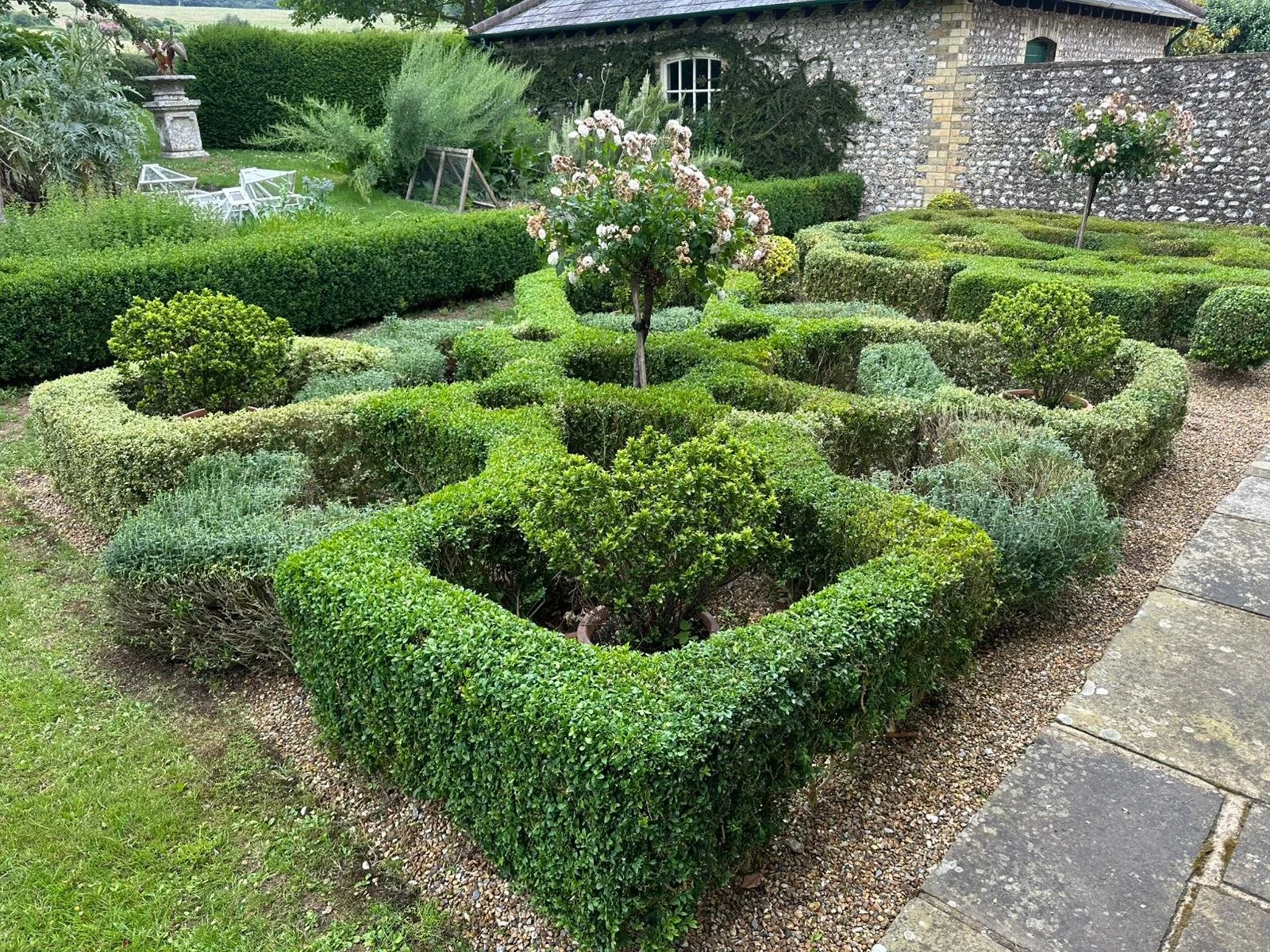 A beautifully manicured backyard garden with neatly trimmed green hedges forming geometric shapes and a small flowering tree in the center, adjacent to a gravel pathway and a brick and stone building in the background.