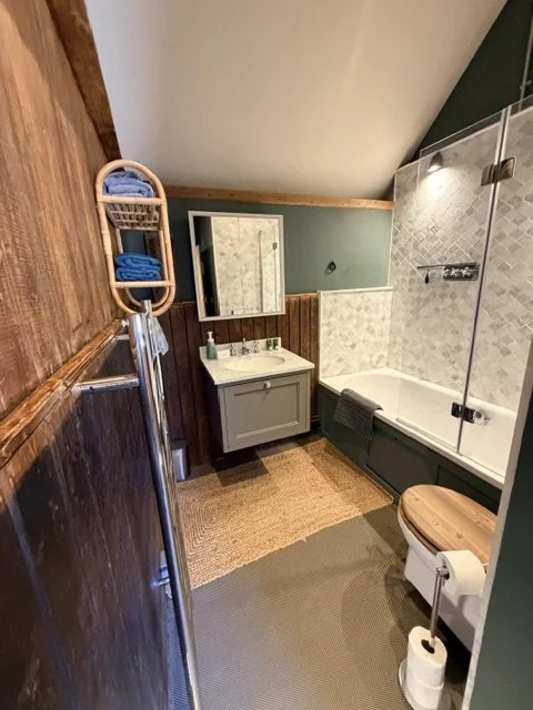 Small bathroom with a shower, toilet, small vanity with a mirror, and wooden accents.
