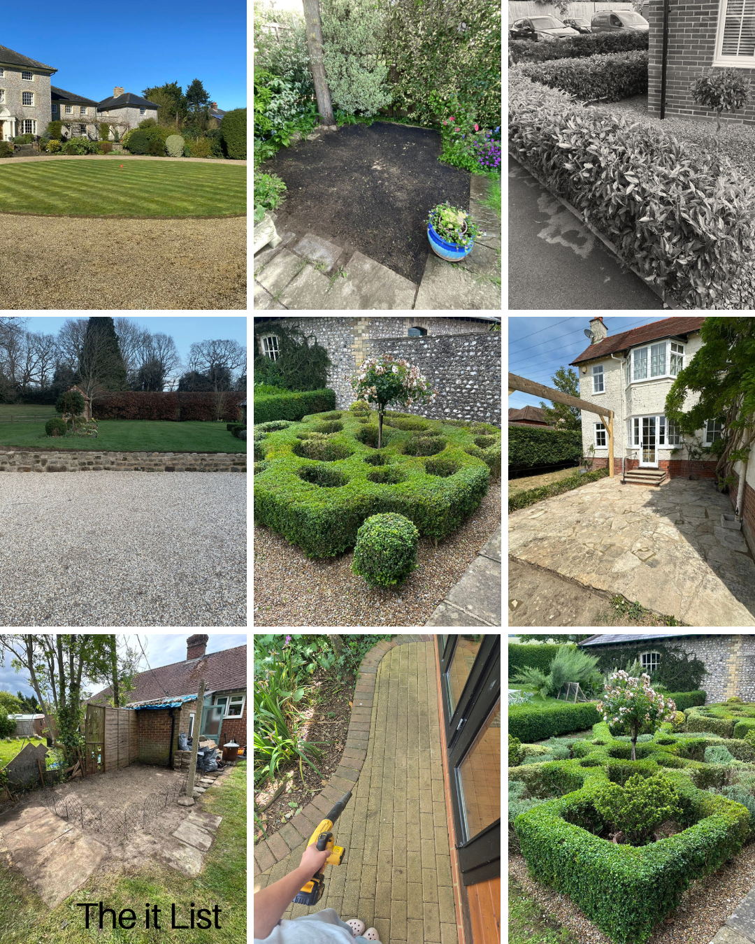 A collage of nine photos showing different garden and yard landscaping projects, including lawn care, planting beds, hedges, stone paths, and yard structures.