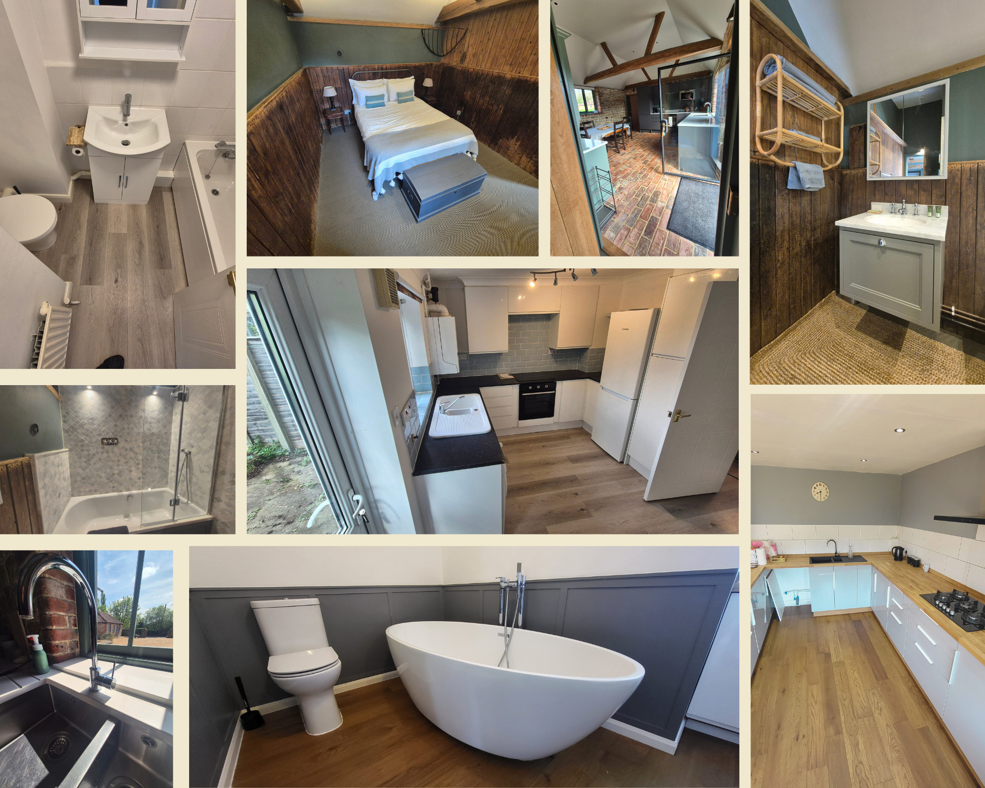 Collage of interior images from a modern home, including a bathroom with a bathtub and toilet, a kitchen with white cabinets, a bedroom with a bed and wooden walls, a living room with exposed wooden beams, a laundry area, and a shower with grey tiles.
