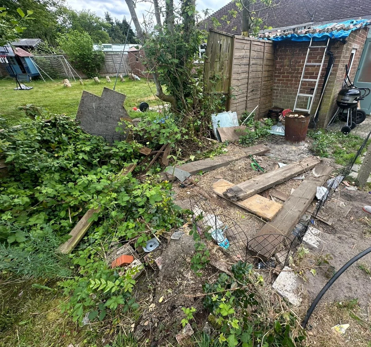Backyard with overgrown bushes, scattered debris, broken wooden planks, and gardening tools; small shed, lawn, and yard fencing visible.