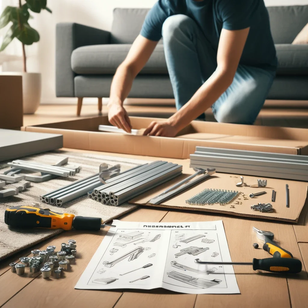 Person assembling furniture on a wooden floor with tools, screws, metal rods, and instructions laid out.