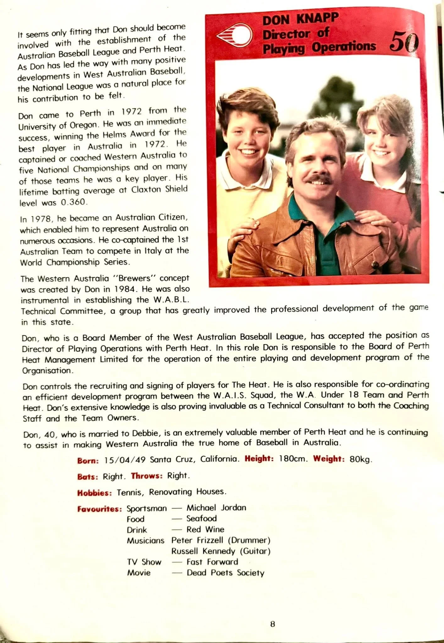 Page from a booklet featuring a photo of Don Knapp, a man with short hair and a mustache, sitting outdoors with a boy and a girl, all smiling. The page contains biography information about Don Knapp, including details about his birth date, height, we