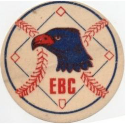 A circular badge with a Native American style design featuring a black and red eagle head in the center, four red feather-like symbols extending from the eagle, and the letters 'EBC' in red below the eagle.