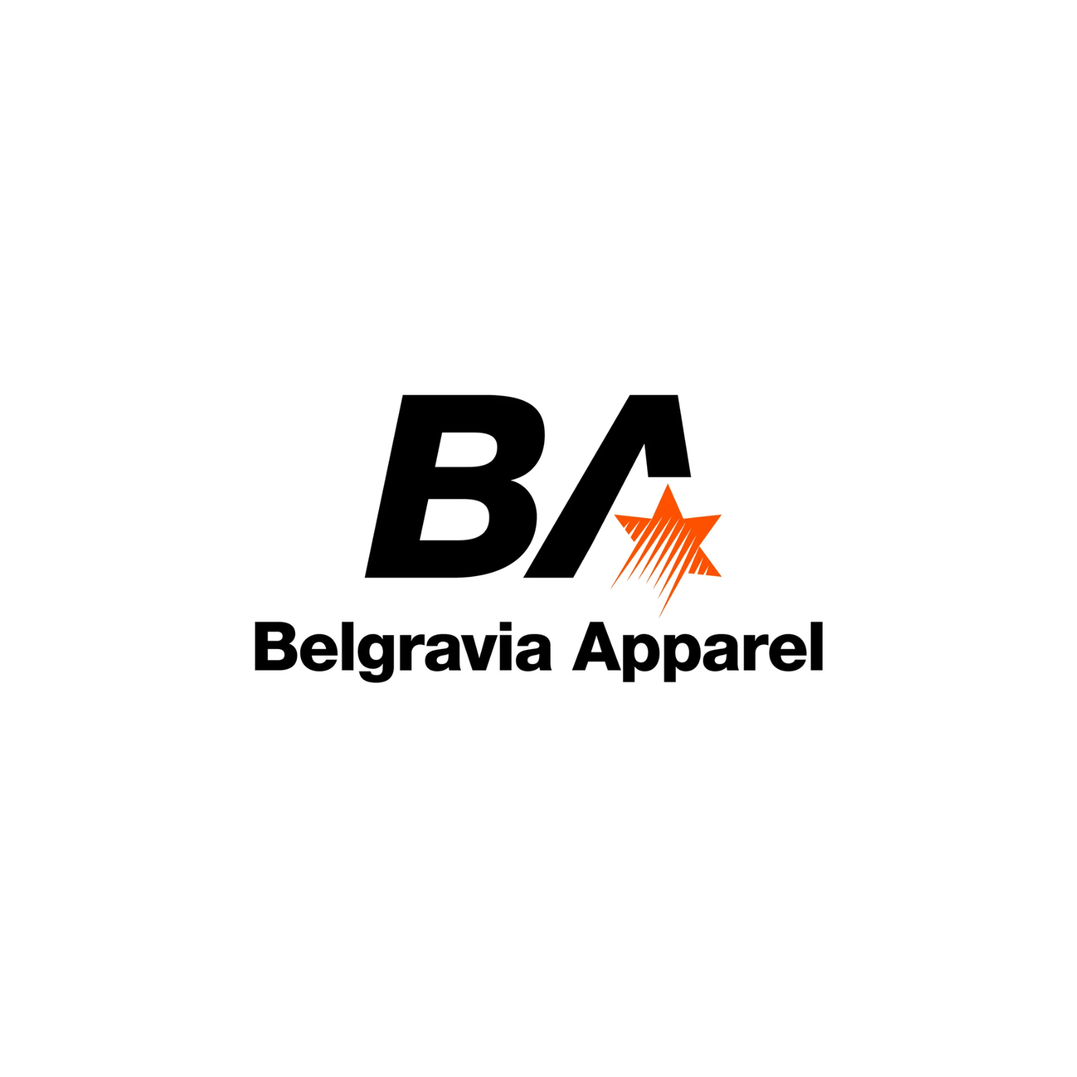 Logo for Belgravia Apparel featuring black bold letters 'BA' with an orange star and the text 'Belgravia Apparel' below.