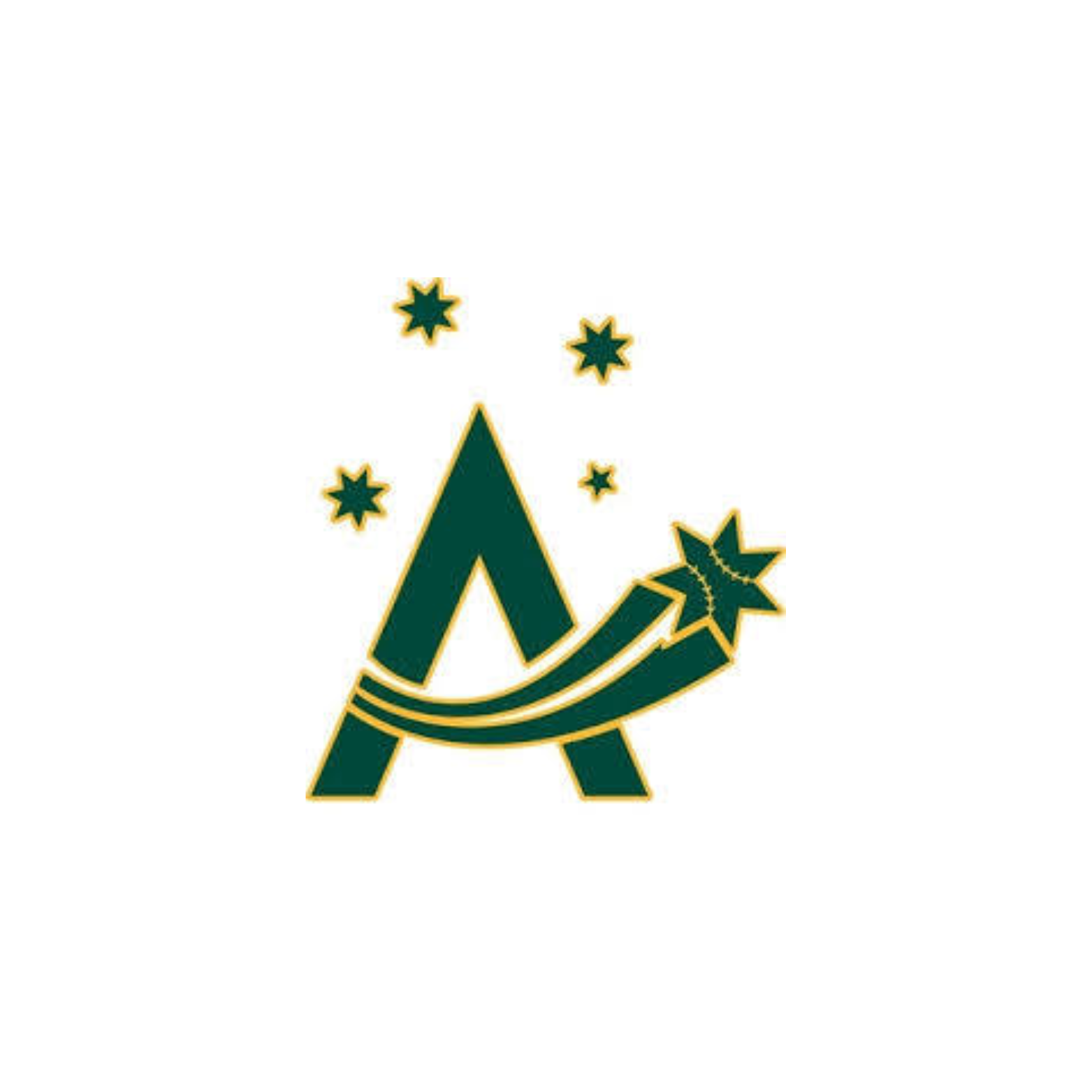Stylized logo with a large letter A, a shooting star, and five smaller stars around it, in dark green with yellow outlines. This is Team Australia logo.