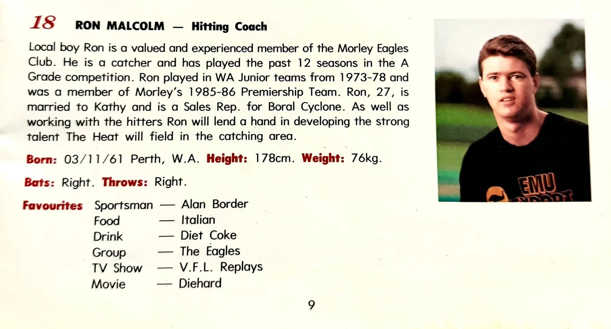 A page with a profile of Ron Malcolm, a hitting coach, including a photograph of a young man with short brown hair wearing a black shirt with a logo, standing outdoors with trees in the background. The profile lists his birth date, height, weight, ba