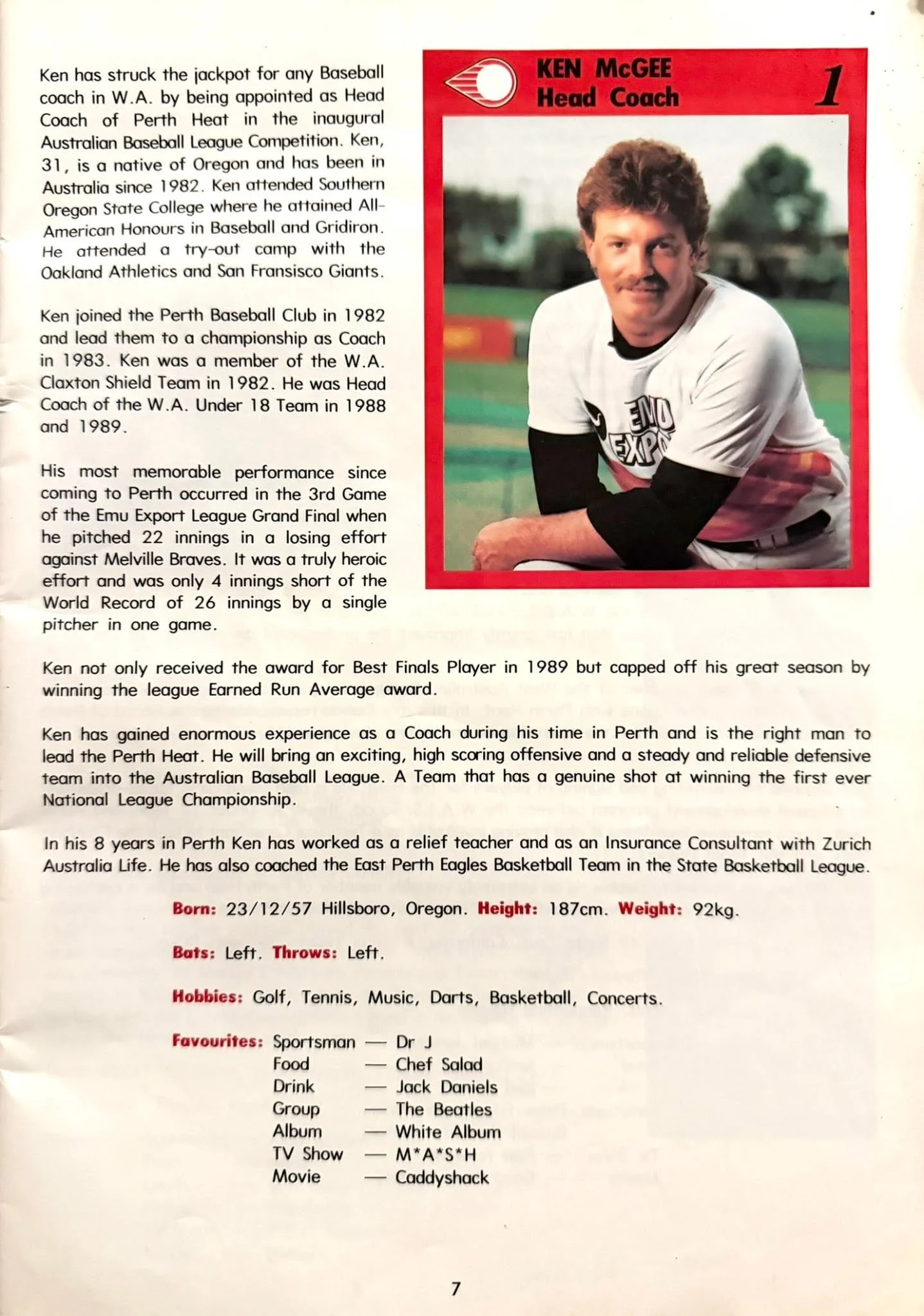 Page featuring a profile of Ken McGee, a baseball coach, with a photograph of him sitting on a sports field wearing a white and black baseball jersey. The page includes his biography, birthdate, height, weight, and personal interests, along with a li
