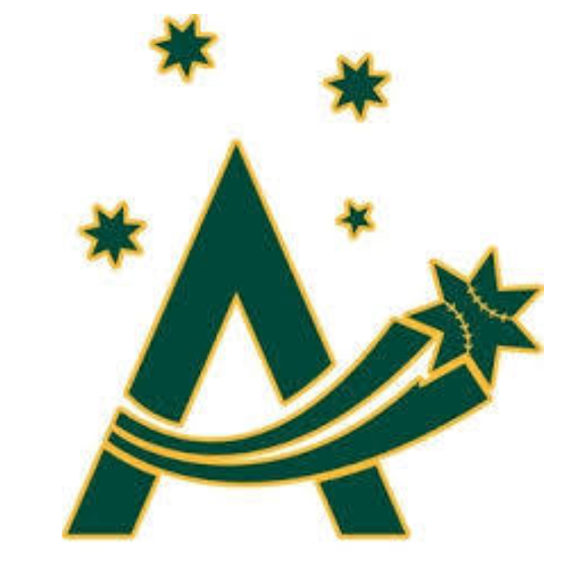 Stylized logo with a large letter A, a shooting star, and five smaller stars around it, in dark green with yellow outlines. This is Team Australia logo.