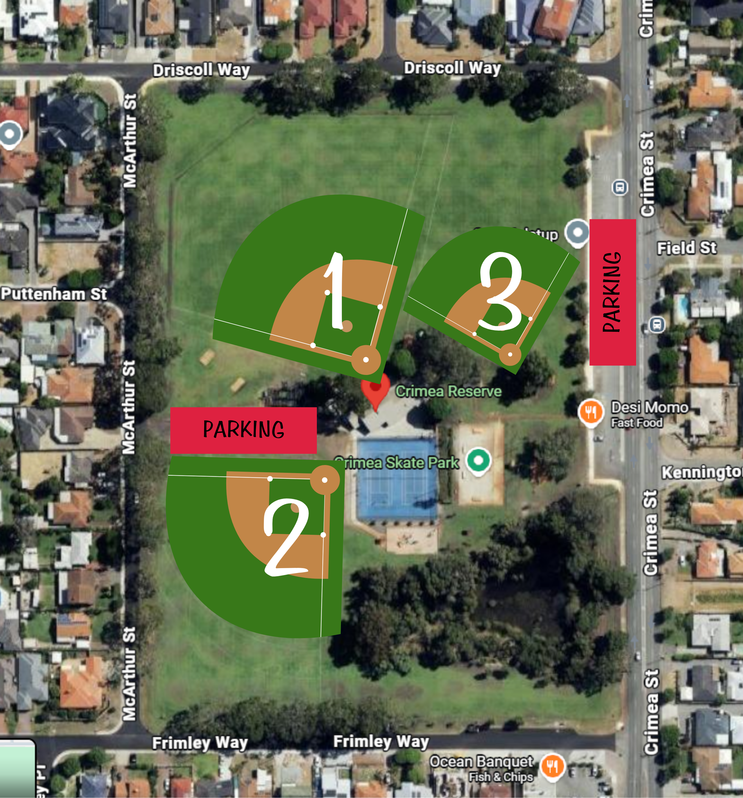 Map of a neighborhood showing a large park called Crimea Reserve, surrounded by streets named McArthur Street, Crimea Street, and Frimley Way, with color-coded baseball fields numbered 1, 2, and 3, and marked parking areas on Crimean Street.