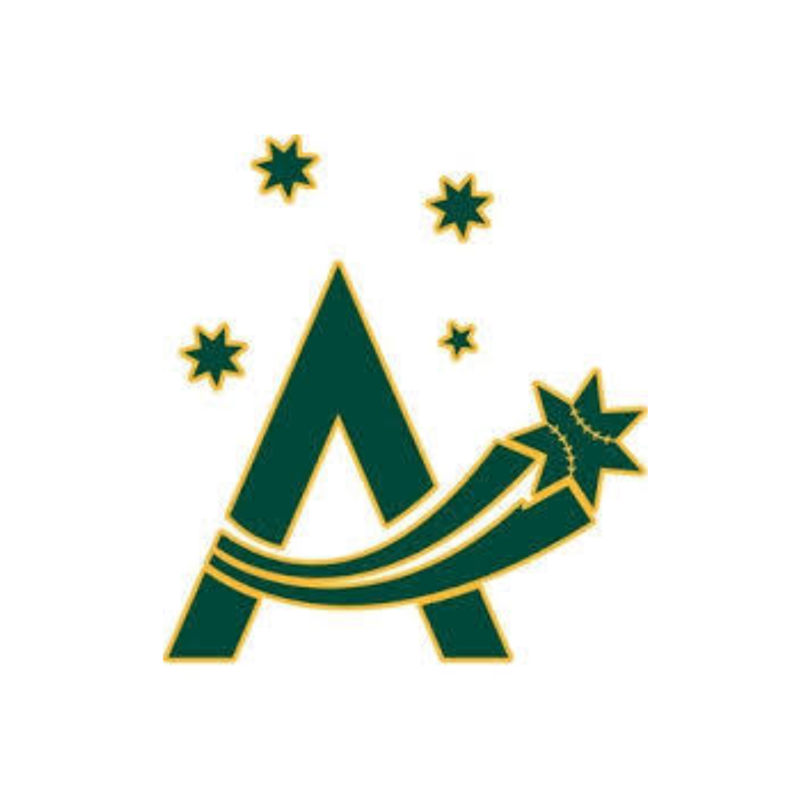 Green camping tent with shooting star and star designs, surrounded by smaller stars, outlined in gold.