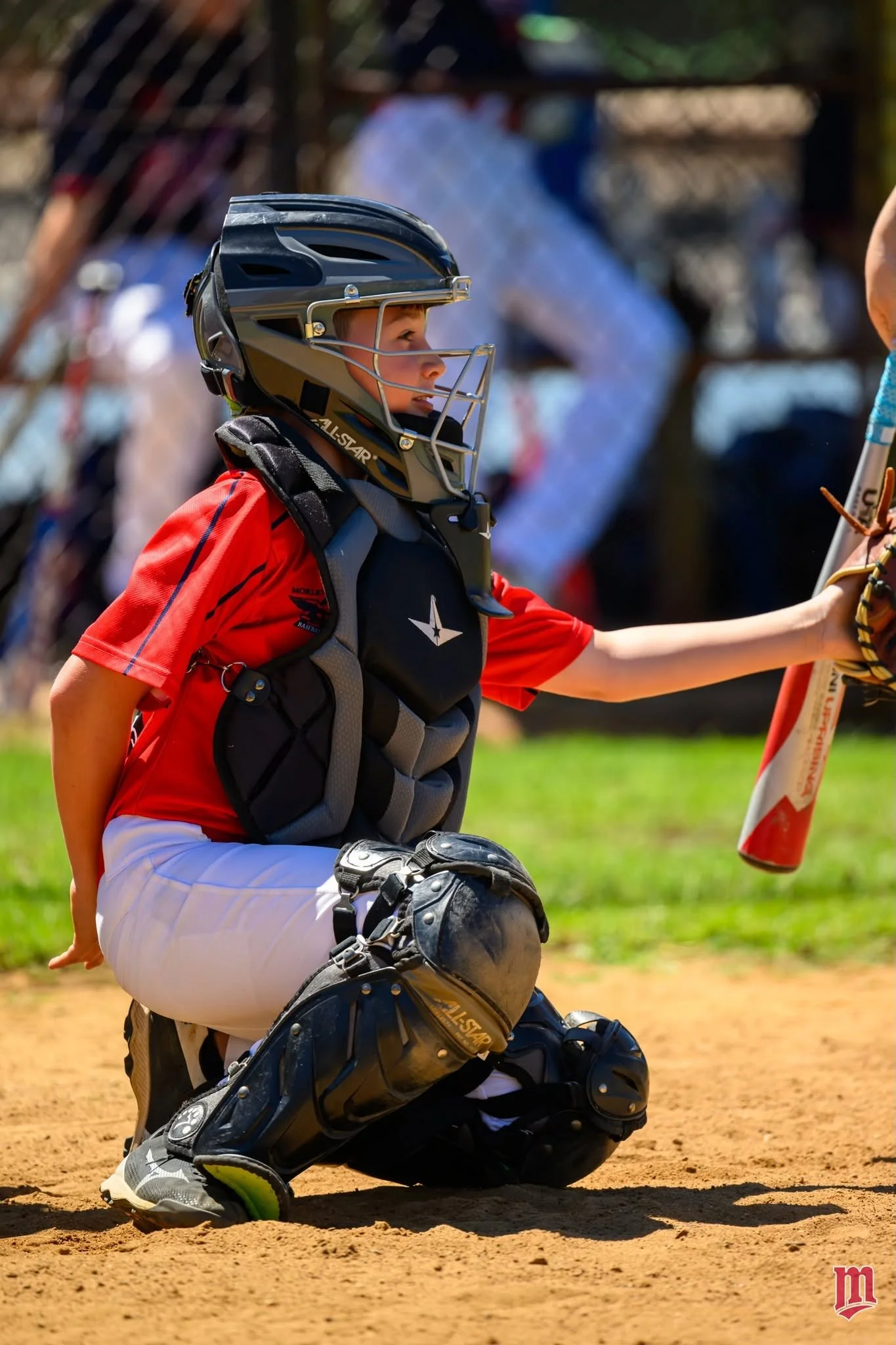 A baseball catcher in a red shirt, white pants, and protective gear crouching on a dirt field with a glove on their left hand. The catcher is wearing a black helmet with a face mask and a chest protector. The background is blurred with some structures and trees visible.