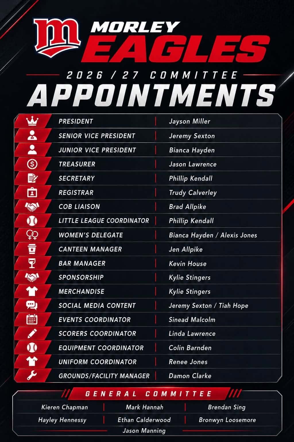 Morley Eagles 2026 / 27 committee appointments list, including President Jayson Miller, other officers, and general committee members, with icons representing each role.
