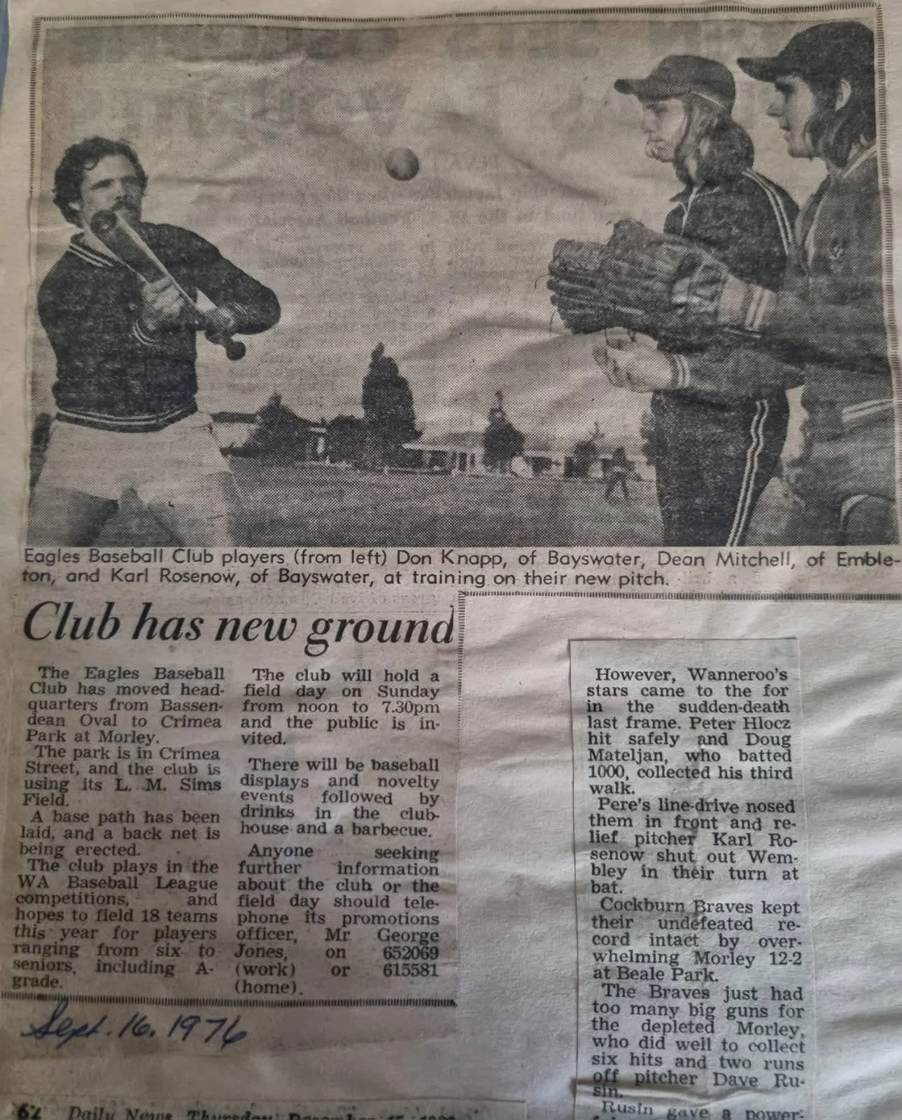 Newspaper clipping showing baseball players training on their new pitch, with a background of a baseball field and some buildings.