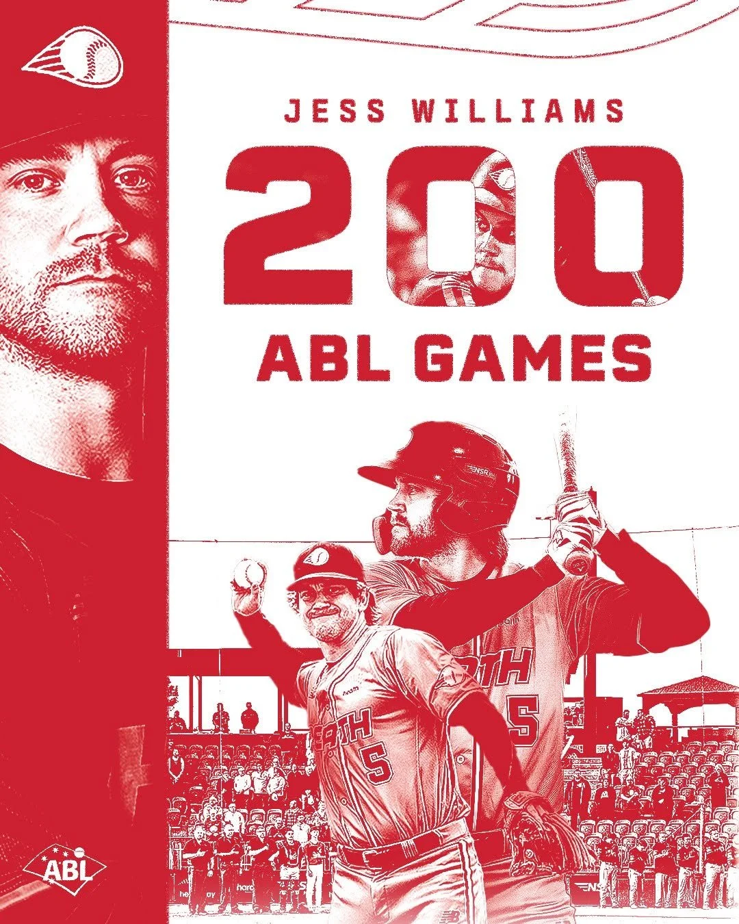 Cover of a book titled 'Jess Williams 200 Able Games' featuring an illustration of a baseball player in uniform, a coach, and a crowd at a baseball field, with a portrait of a man on the left.