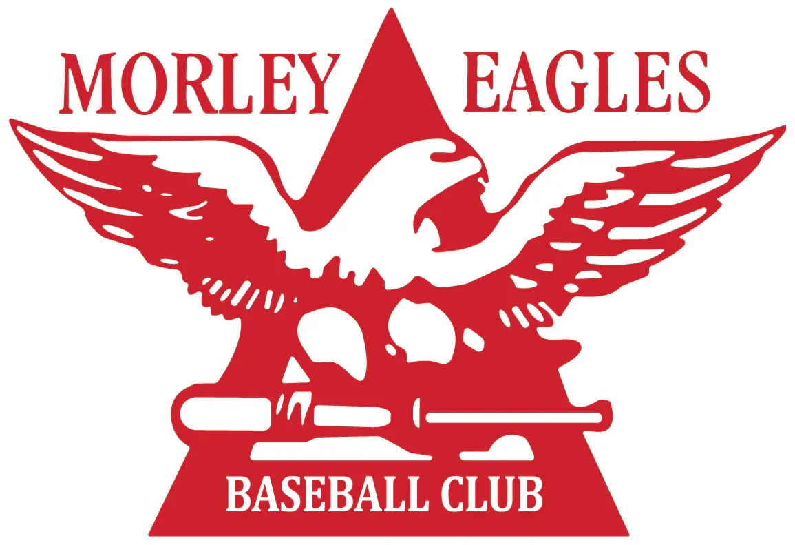 Logo of Morley Eagles Baseball Club featuring a red eagle with outstretched wings, a baseball bat, and a baseball glove.